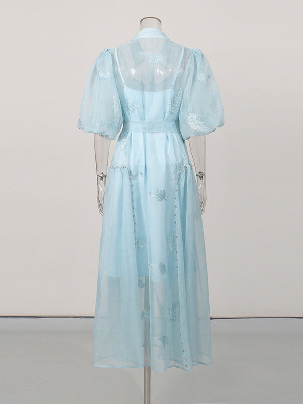 TWOTWINSTYLE Lapel Puff Sleeve High Waist Designer Dress