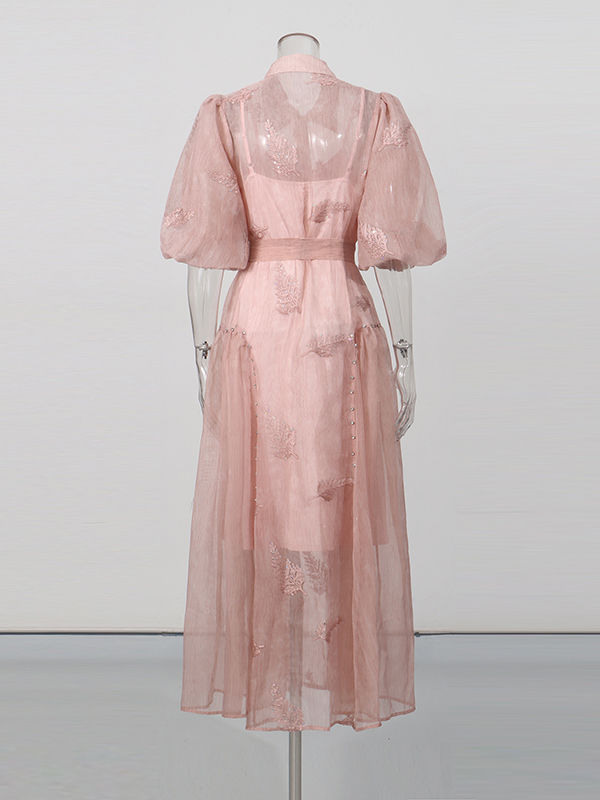 TWOTWINSTYLE Lapel Puff Sleeve High Waist Designer Dress