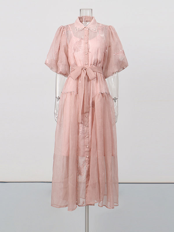 TWOTWINSTYLE Lapel Puff Sleeve High Waist Designer Dress