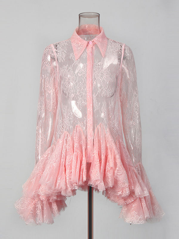 TWOTWINSTYLE Lapel Long Sleeves Spliced Ruffles Mini Dress