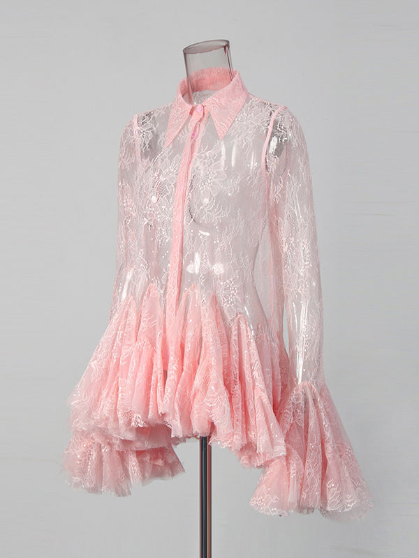 TWOTWINSTYLE Lapel Long Sleeves Spliced Ruffles Mini Dress