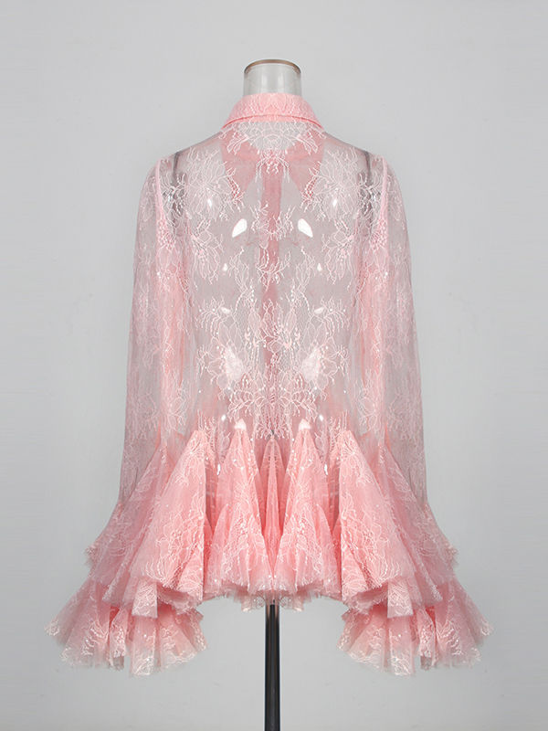 TWOTWINSTYLE Lapel Long Sleeves Spliced Ruffles Mini Dress