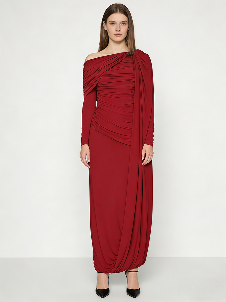 TWOTWINSTYLE Asymmetrical Pleated Irregular Pullover Off Shoulder Elegant Maxi Dress