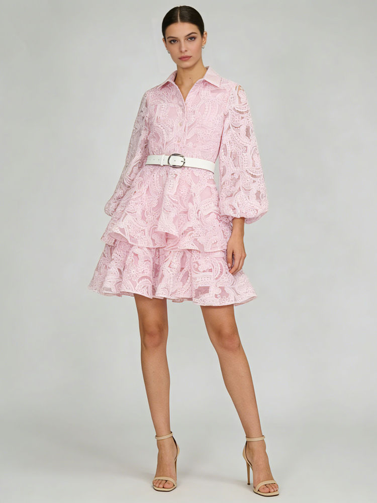 TWOTWINSTYLE Lapel Puff Sleeve Patchwork Belt Tunic Elegant Dress