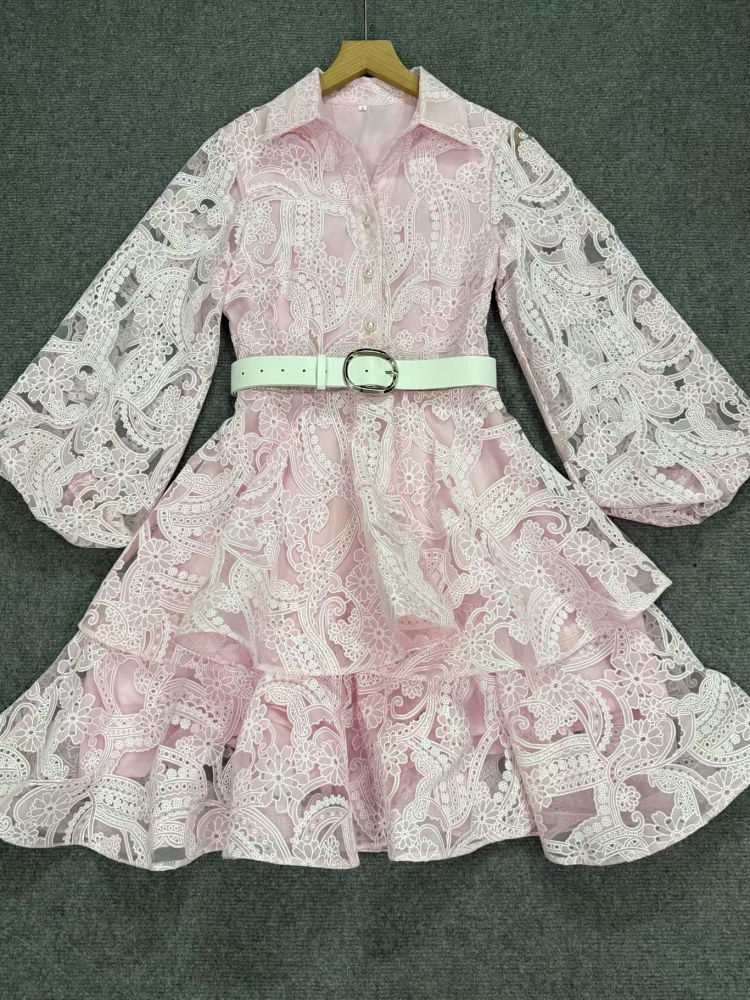 TWOTWINSTYLE Lapel Puff Sleeve Patchwork Belt Tunic Elegant Dress
