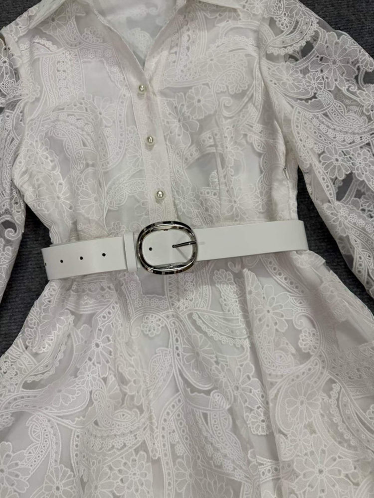 TWOTWINSTYLE Lapel Puff Sleeve Patchwork Belt Tunic Elegant Dress