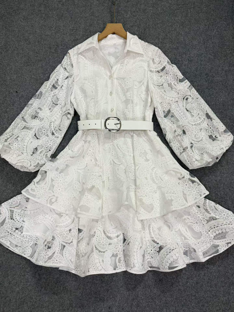 TWOTWINSTYLE Lapel Puff Sleeve Patchwork Belt Tunic Elegant Dress