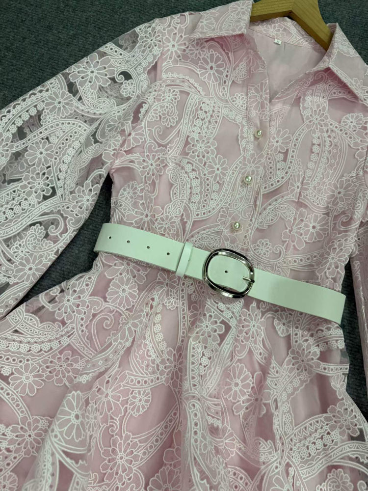 TWOTWINSTYLE Lapel Puff Sleeve Patchwork Belt Tunic Elegant Dress