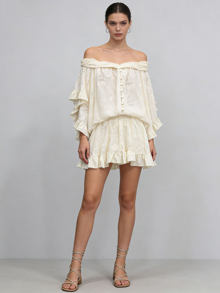 TWOTWINSTYLE Off Shoulder Spliced Ruffles Top High Waist Skirt Fashion Dress