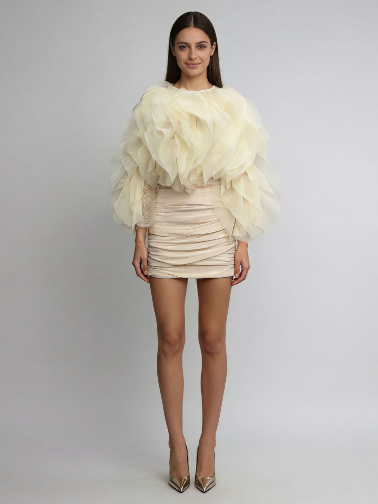TWOTWINSTYLE Round Neck Patchwork Ruffles High Waist Pleated Elegant Dress