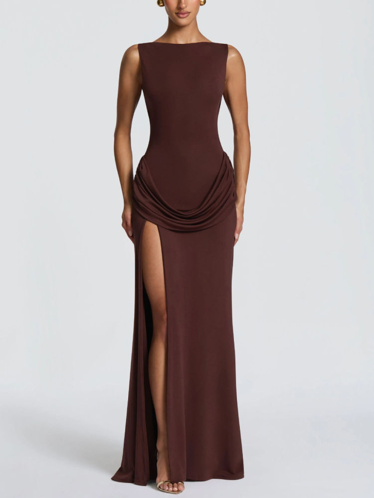 TWOTWINSTYLE Sleeveles Side Split Ruched High Waist Minimalist Dress