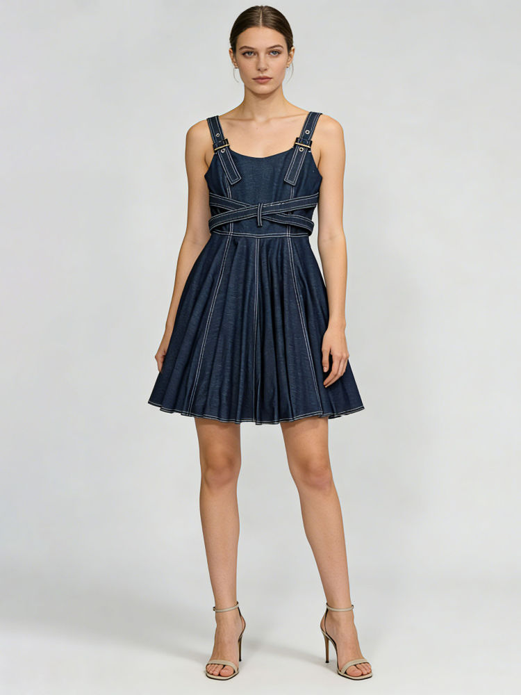 TWOTWINSTYLE Solid Sleeveles High Waist Designer Denim Dress