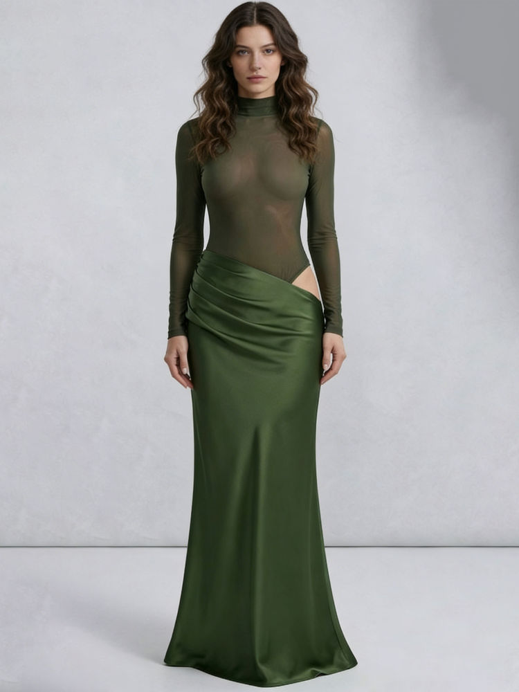 TWOTWINSTYLE Stand Collar Tunic Hollow Out  Long Sleeve Chic Dress