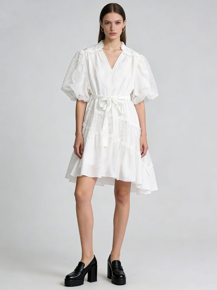 TWOTWINSTYLE V Neck Puff Sleeve Irregular Hem Patchwork Lace Chic Dress