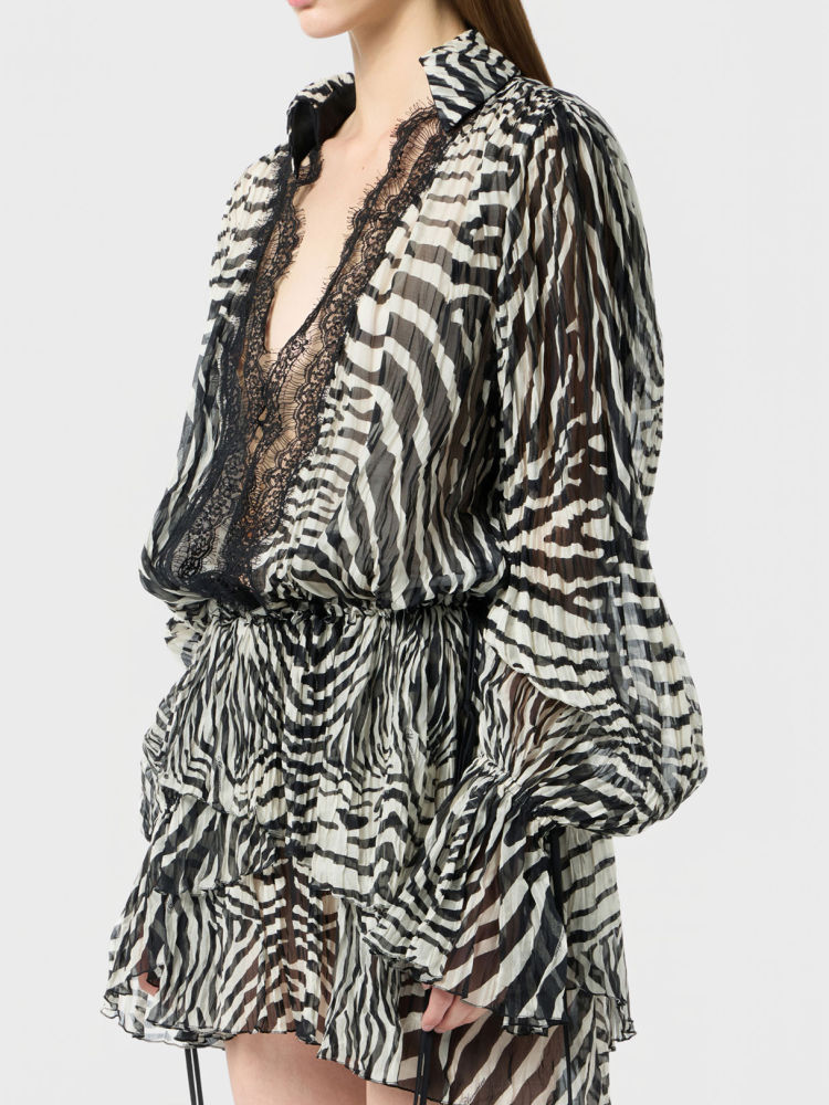 TWOTWINSTYLE Deep V Neck Patchwork Lace Zebra Stripe Vintage Dress