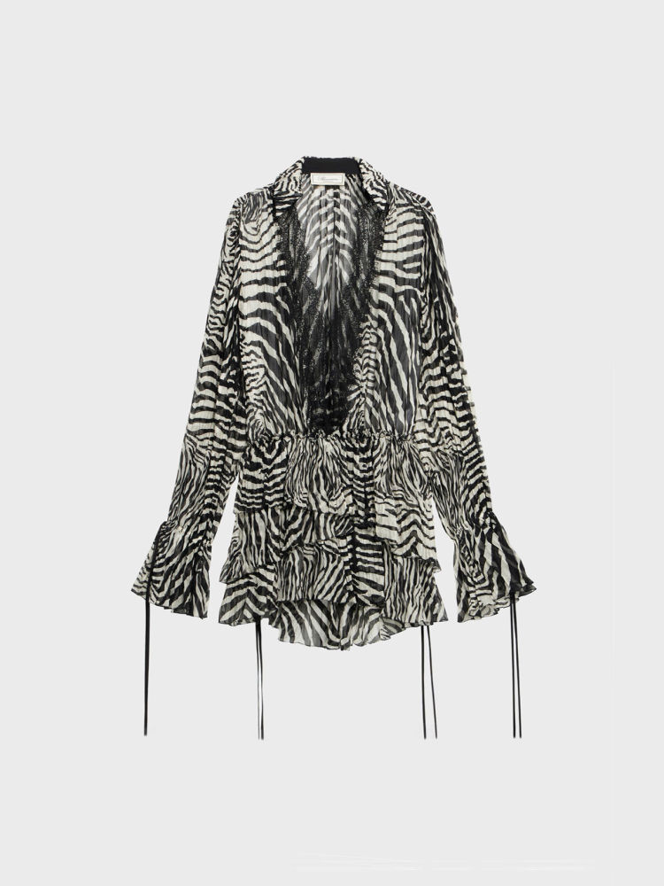 TWOTWINSTYLE Deep V Neck Patchwork Lace Zebra Stripe Vintage Dress