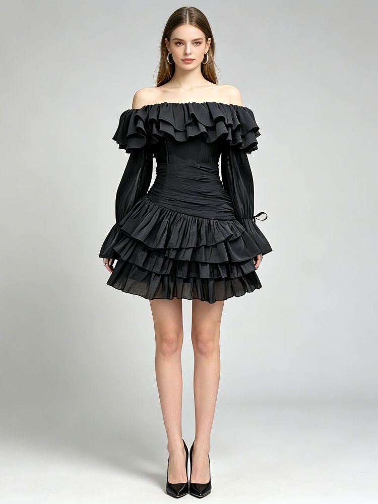 TWOTWINSTYLE Off Shoulder Bell Sleeve High Waist Fashion Dress