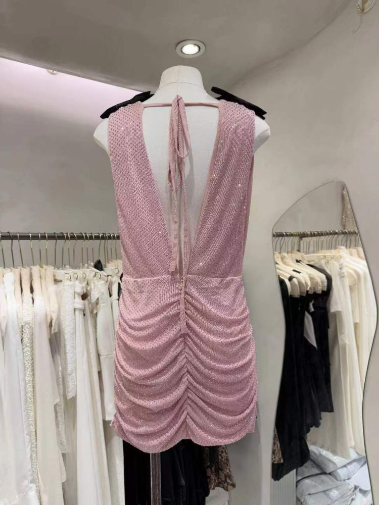 TWOTWINSTYLE Sleeveles Spliced Bowknot Sequins Chic Dress