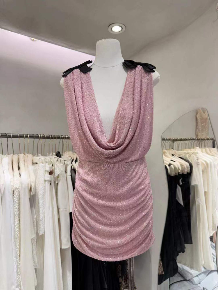 TWOTWINSTYLE Sleeveles Spliced Bowknot Sequins Chic Dress