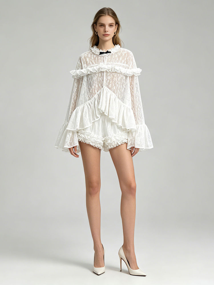TWOTWINSTYLE Spliced Ruffles Irregular Hem Top High Waist Elegant Set