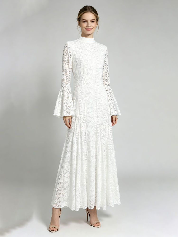 TWOTWINSTYLE Stand Collar Bell Sleeve Tunic Elegant Dress