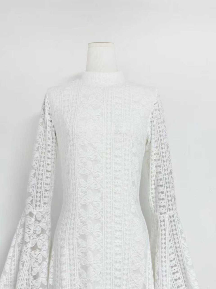 TWOTWINSTYLE Stand Collar Bell Sleeve Tunic Elegant Dress