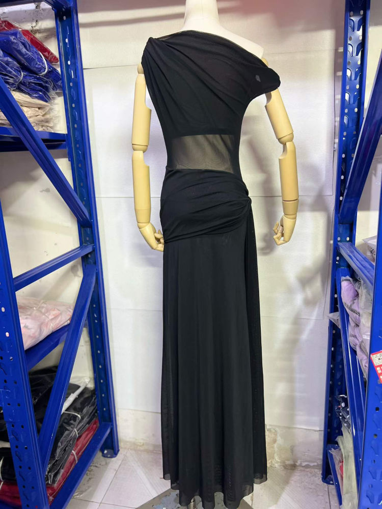 TWOTWINSTYLE Off One Shoulder Tunic Spliced Mesh Fashion Dress