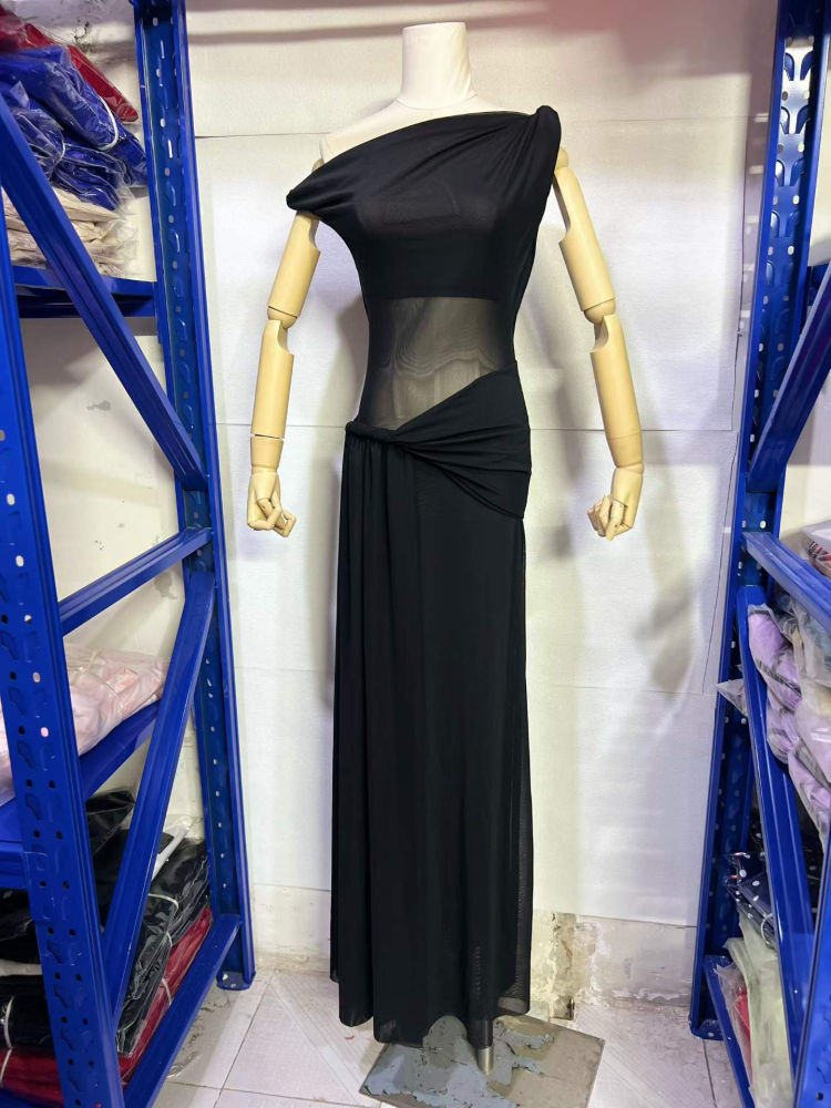 TWOTWINSTYLE Off One Shoulder Tunic Spliced Mesh Fashion Dress