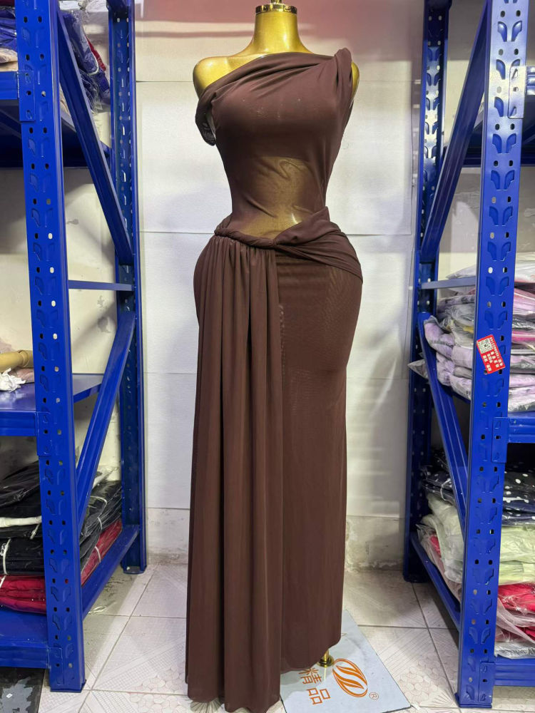 TWOTWINSTYLE Off One Shoulder Tunic Spliced Mesh Fashion Dress