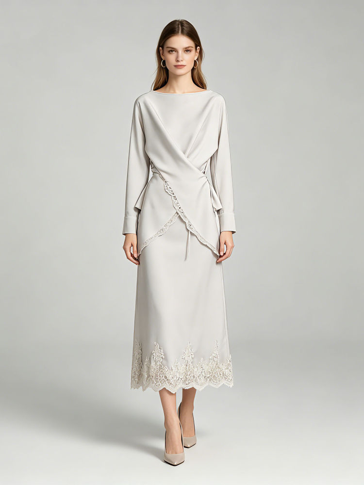 TWOTWINSTYLE Round Neck Long Sleeve Top Spliced Lace Skirt Chic Set