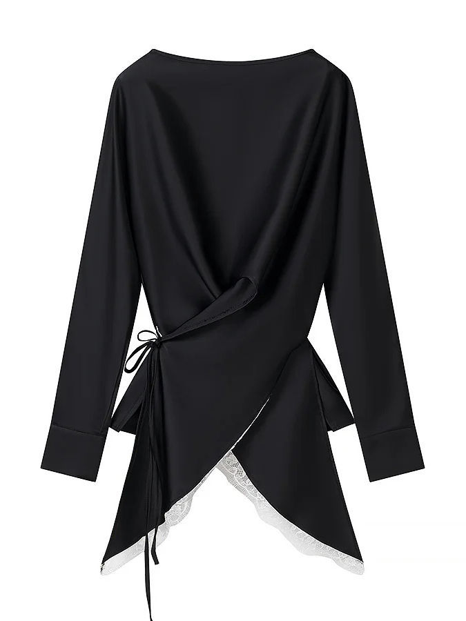 TWOTWINSTYLE Round Neck Long Sleeve Top Spliced Lace Skirt Chic Set