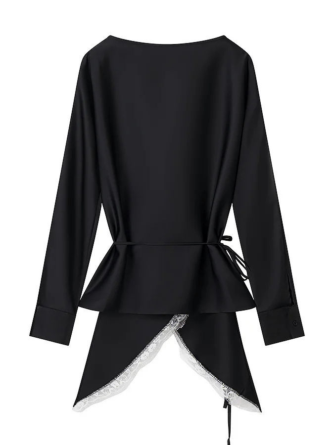 TWOTWINSTYLE Round Neck Long Sleeve Top Spliced Lace Skirt Chic Set