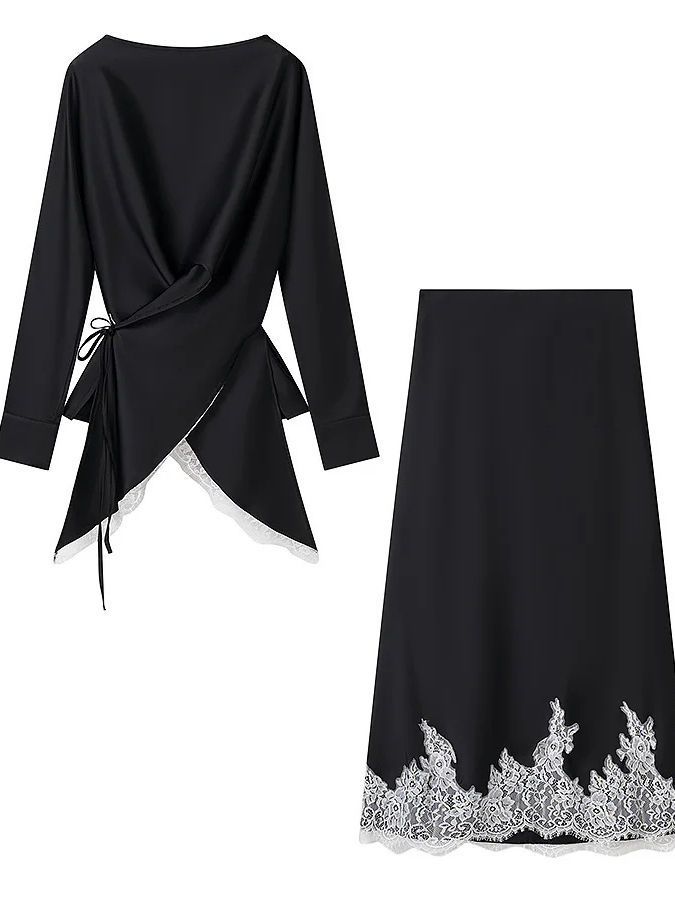 TWOTWINSTYLE Round Neck Long Sleeve Top Spliced Lace Skirt Chic Set