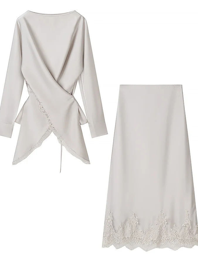 TWOTWINSTYLE Round Neck Long Sleeve Top Spliced Lace Skirt Chic Set
