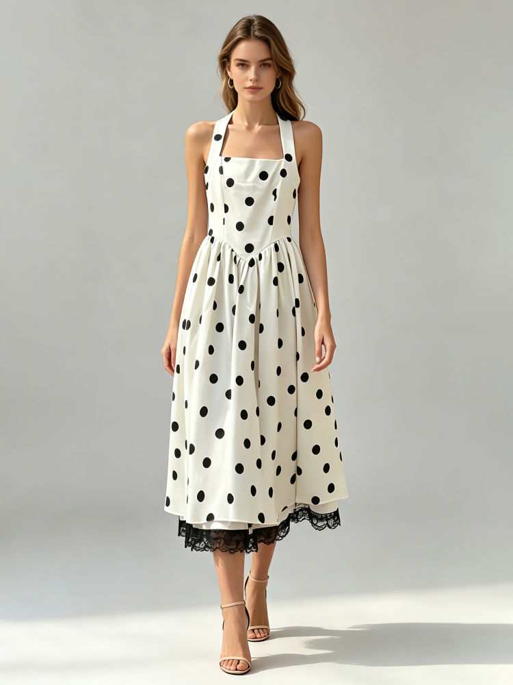 TWOTWINSTYLE Wave Point Patchwork Lace High Waist Fashion Dress