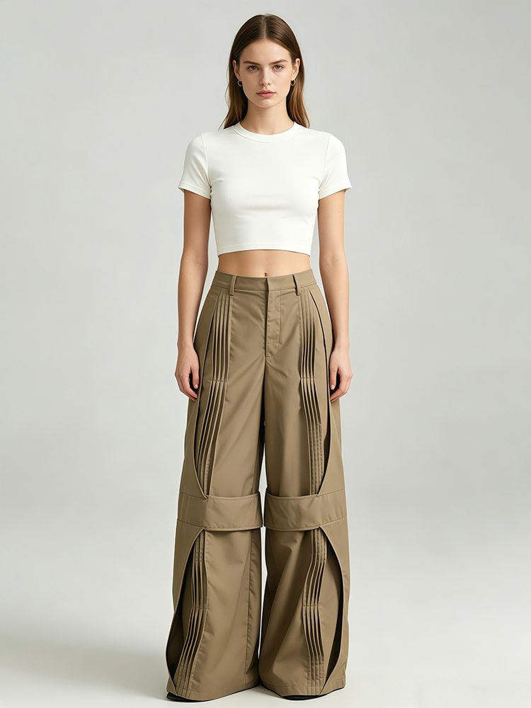 TWOTWINSTYLE High Waist Ruched Casual Straight Leg Pants