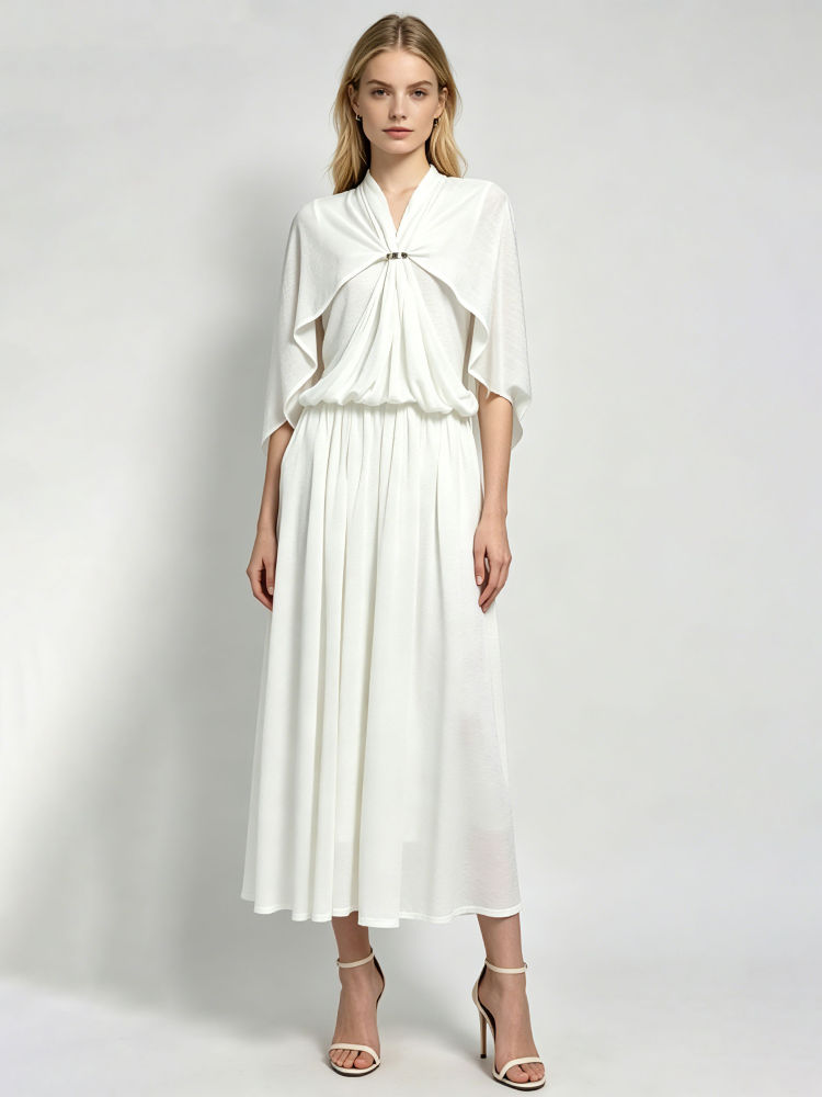 TWOTWINSTYLE Solid Stand Collar Spliced Shawl Ruched Chic Dress