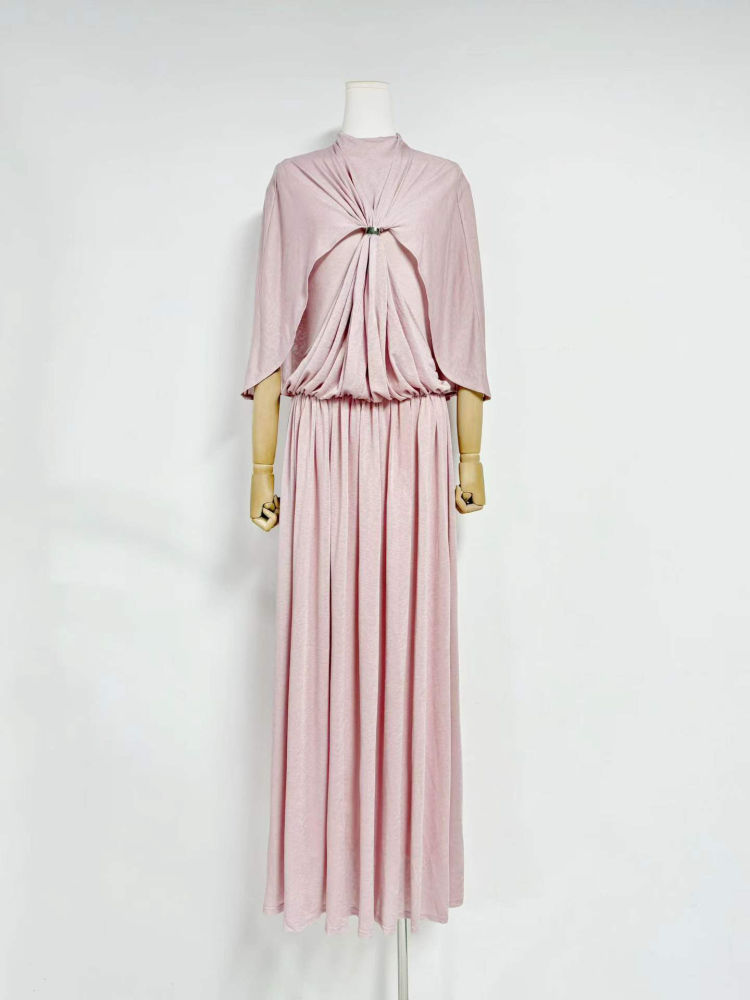 TWOTWINSTYLE Solid Stand Collar Spliced Shawl Ruched Chic Dress