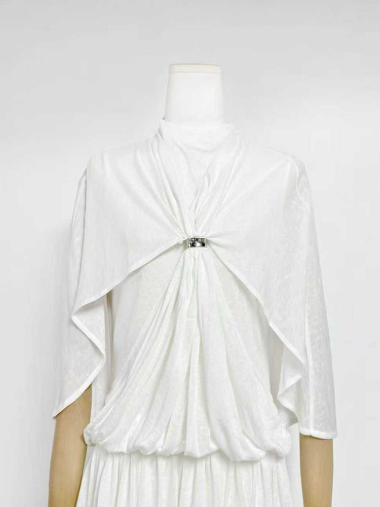 TWOTWINSTYLE Solid Stand Collar Spliced Shawl Ruched Chic Dress