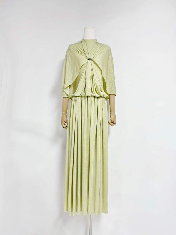 TWOTWINSTYLE Solid Stand Collar Spliced Shawl Ruched Chic Dress