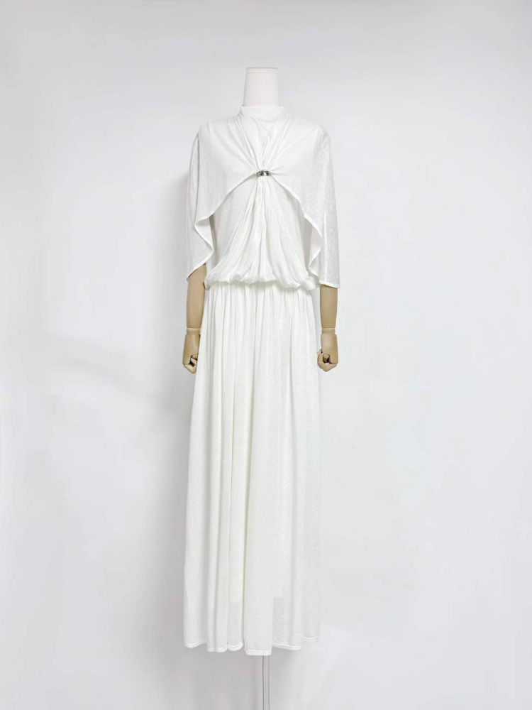 TWOTWINSTYLE Solid Stand Collar Spliced Shawl Ruched Chic Dress