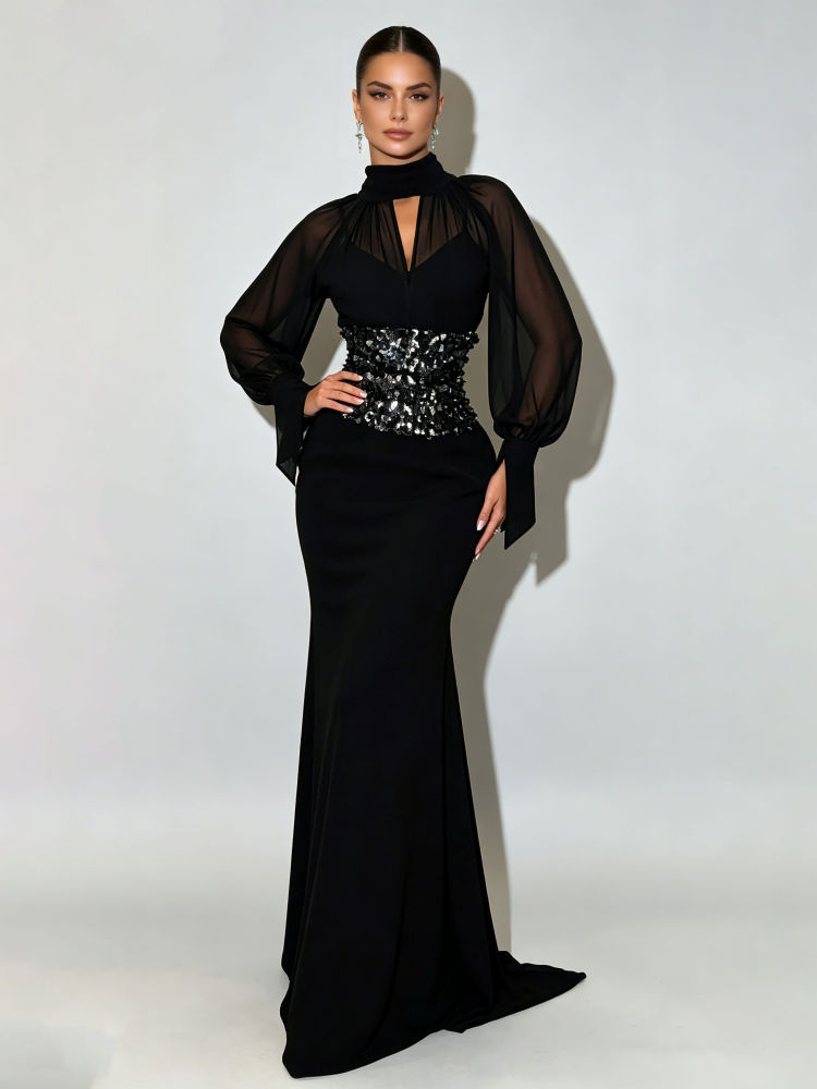 TWOTWINSTYLE Stand Collar Patchwork Diamond High Waist Fashion Dress