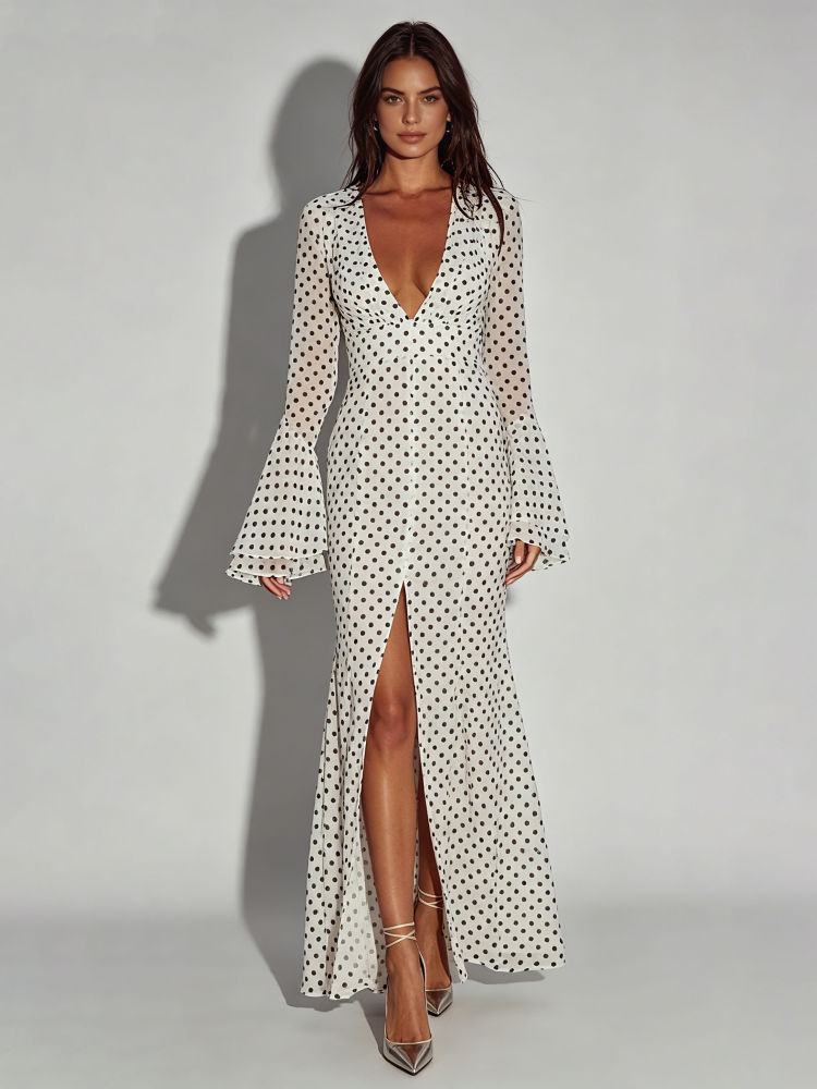 TWOTWINSTYLE V Neck Bell Sleeve Wave Point Slit Fashion Dress