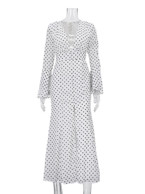 TWOTWINSTYLE V Neck Bell Sleeve Wave Point Slit Fashion Dress