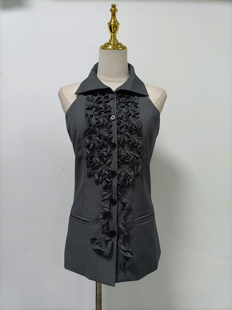 TWOTWINSTYLE Lapel Sleeveles Patchwork Ruffles Vintage Vest