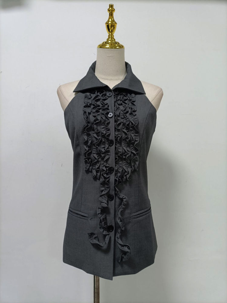 TWOTWINSTYLE Lapel Sleeveles Patchwork Ruffles Vintage Vest