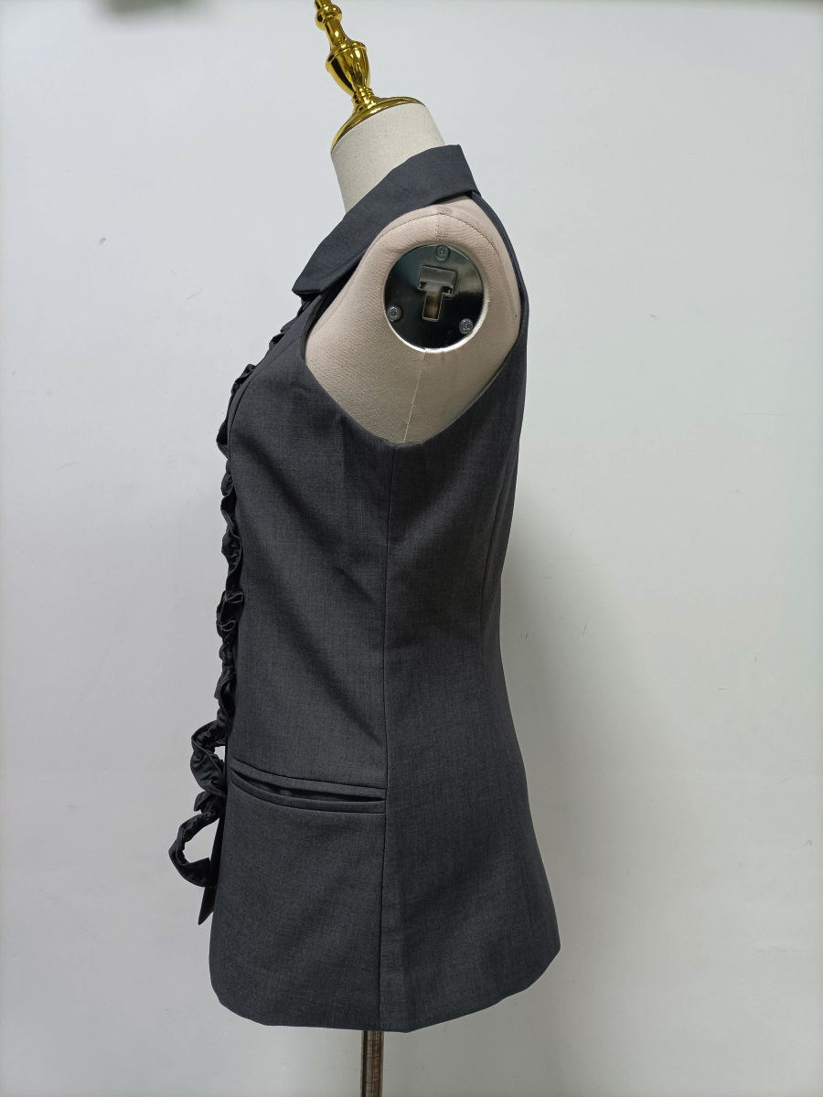 TWOTWINSTYLE Lapel Sleeveles Patchwork Ruffles Vintage Vest