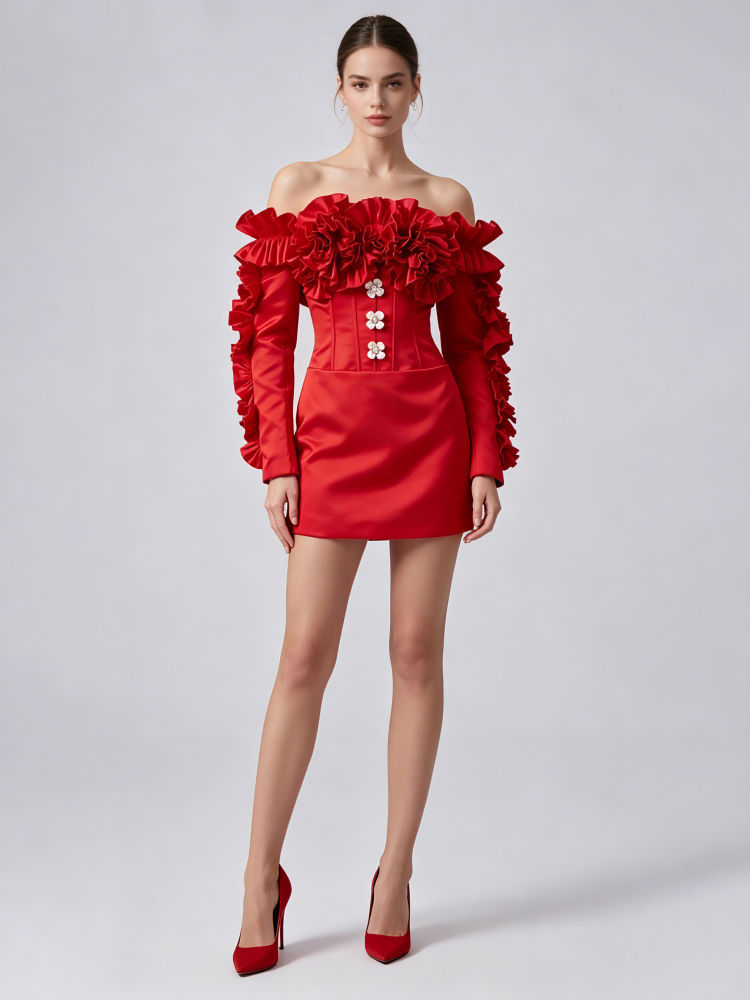 TWOTWINSTYLE Off Shoulder Spliced Ruffles High Waist Designer Dress