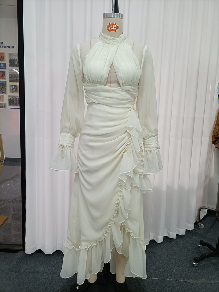 TWOTWINSTYLE Round Neck Mesh Waist Cinched Ruffled Sleeves Elegant Dress
