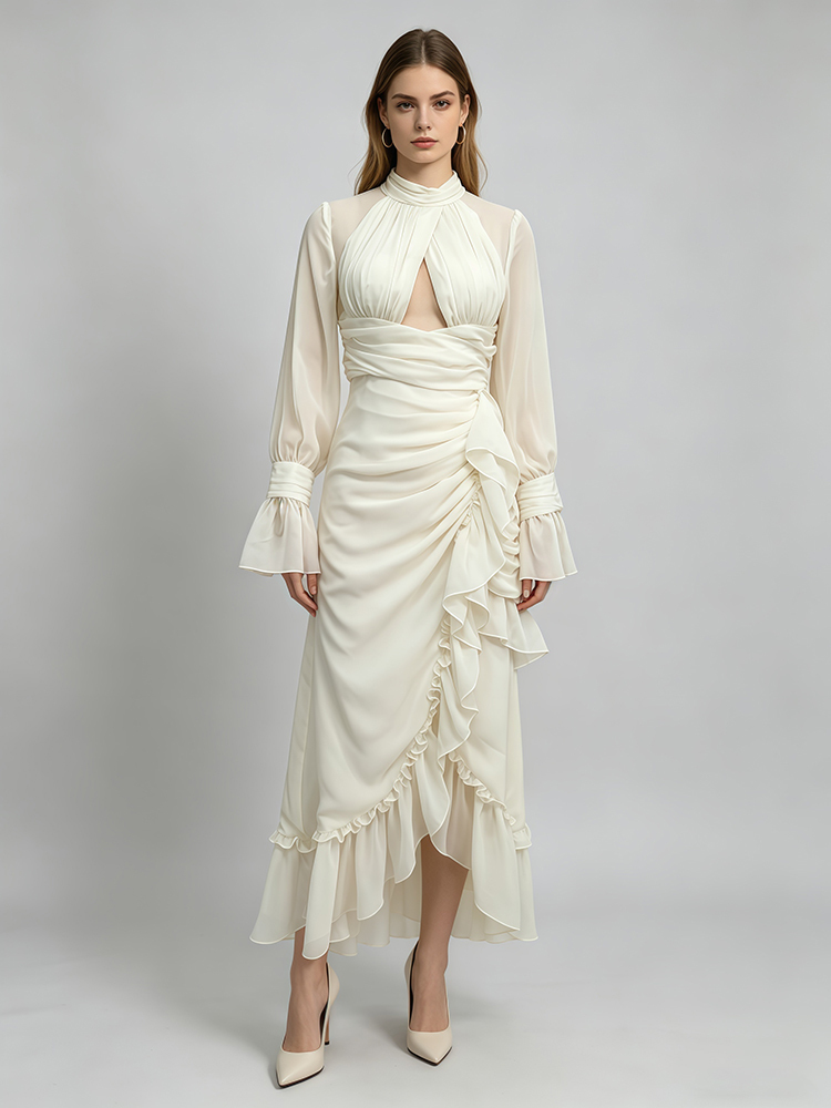 TWOTWINSTYLE Round Neck Mesh Waist Cinched Ruffled Sleeves Elegant Dress